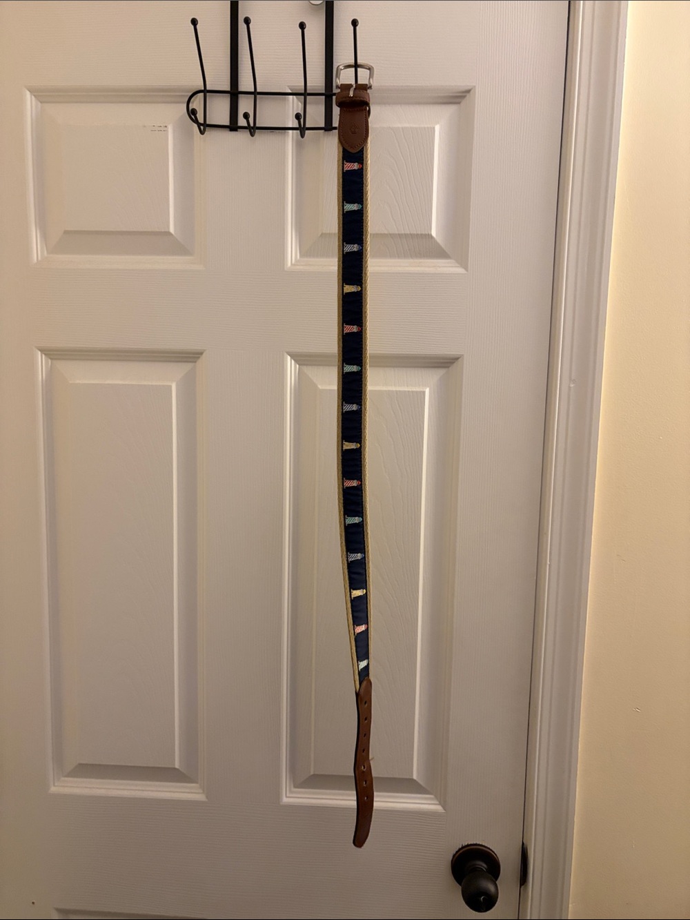 Navy Woven Belt with Multicolor Lighthouse Pattern Size 32